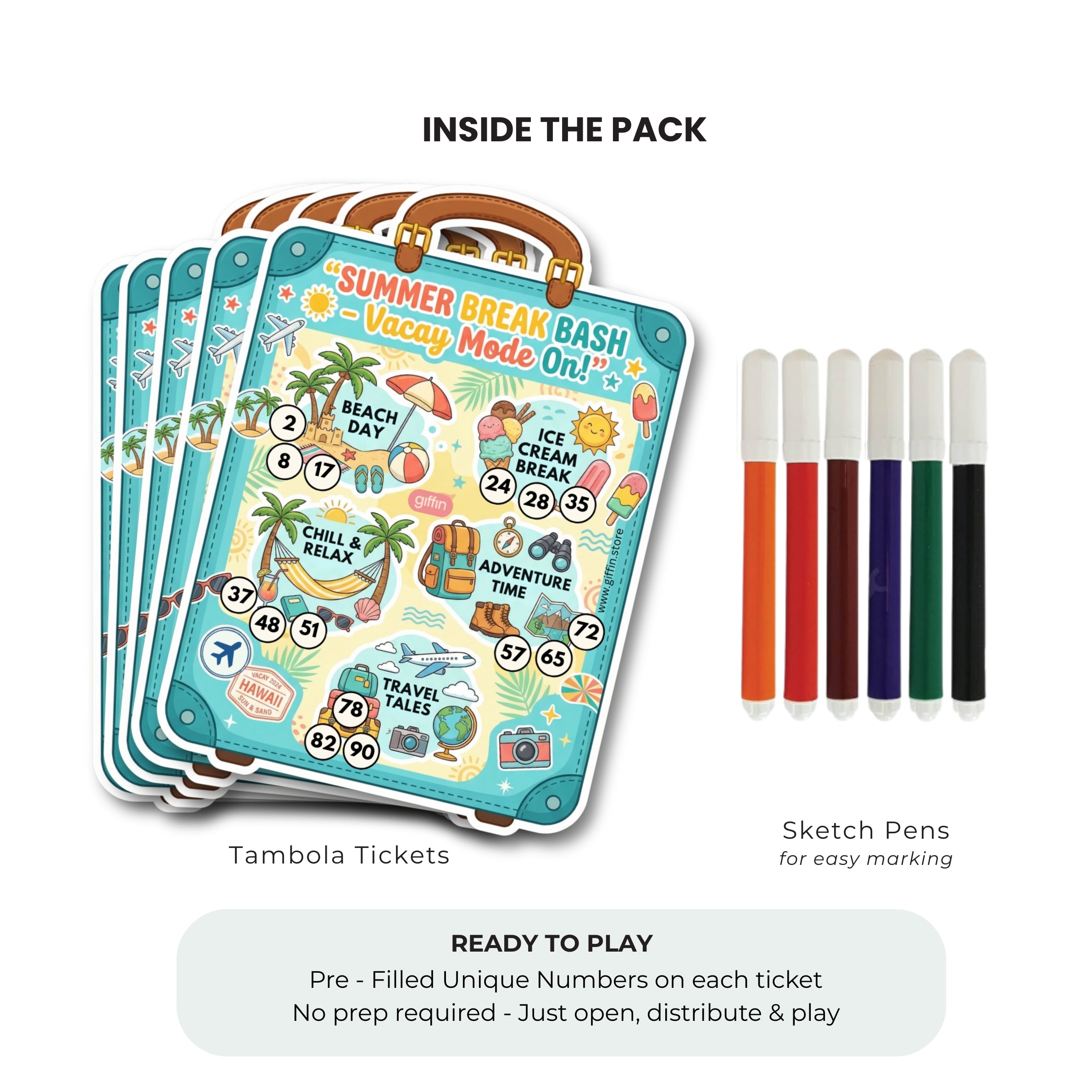 Giffin Summer Break Bash Tambola Tickets | Summer Theme Housie Game for Pool Party, Holiday Party, Birthday & Family Game Night