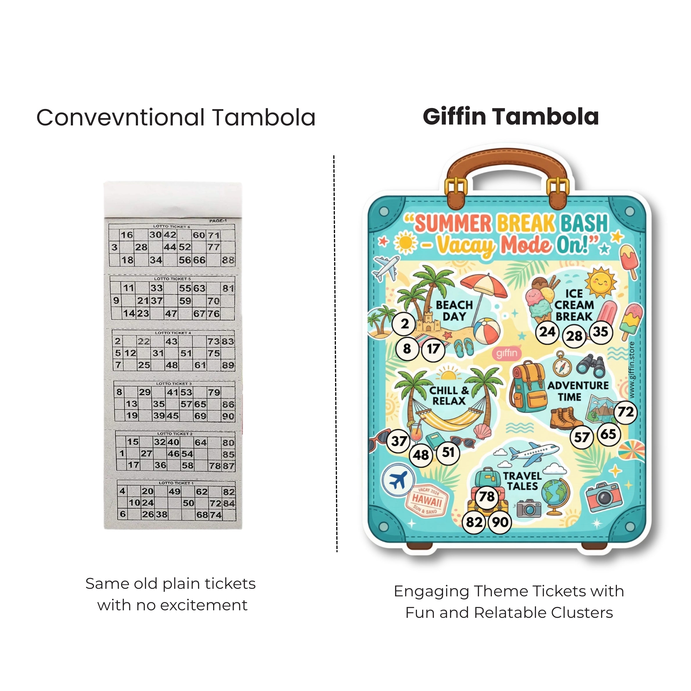 Giffin Summer Break Bash Tambola Tickets | Summer Theme Housie Game for Pool Party, Holiday Party, Birthday & Family Game Night