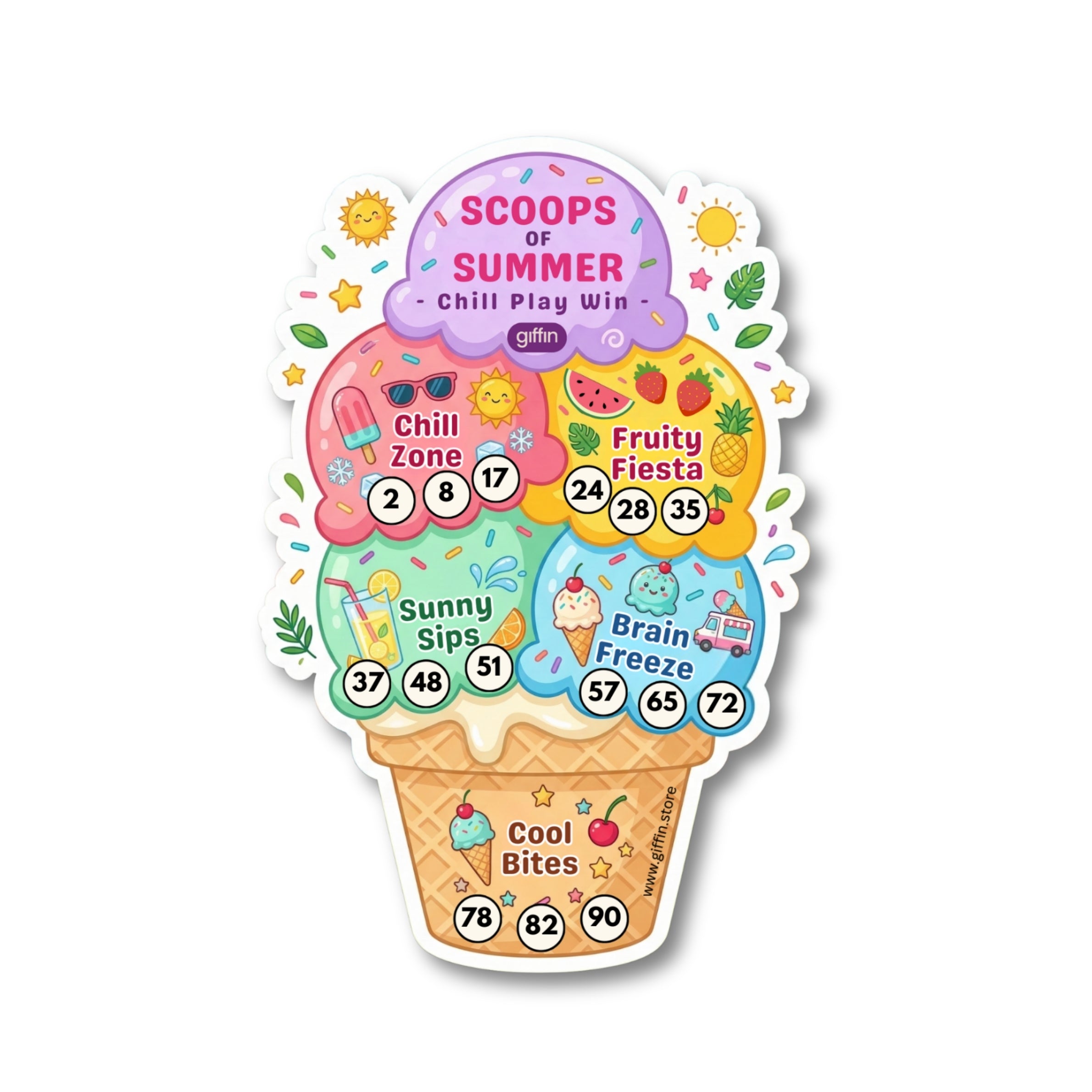 Giffin Scoops of Summer Tambola Tickets | Ice Cream Summer Theme Housie Game for Birthday Party, Kids Party, Kitty Party & Family Game Night