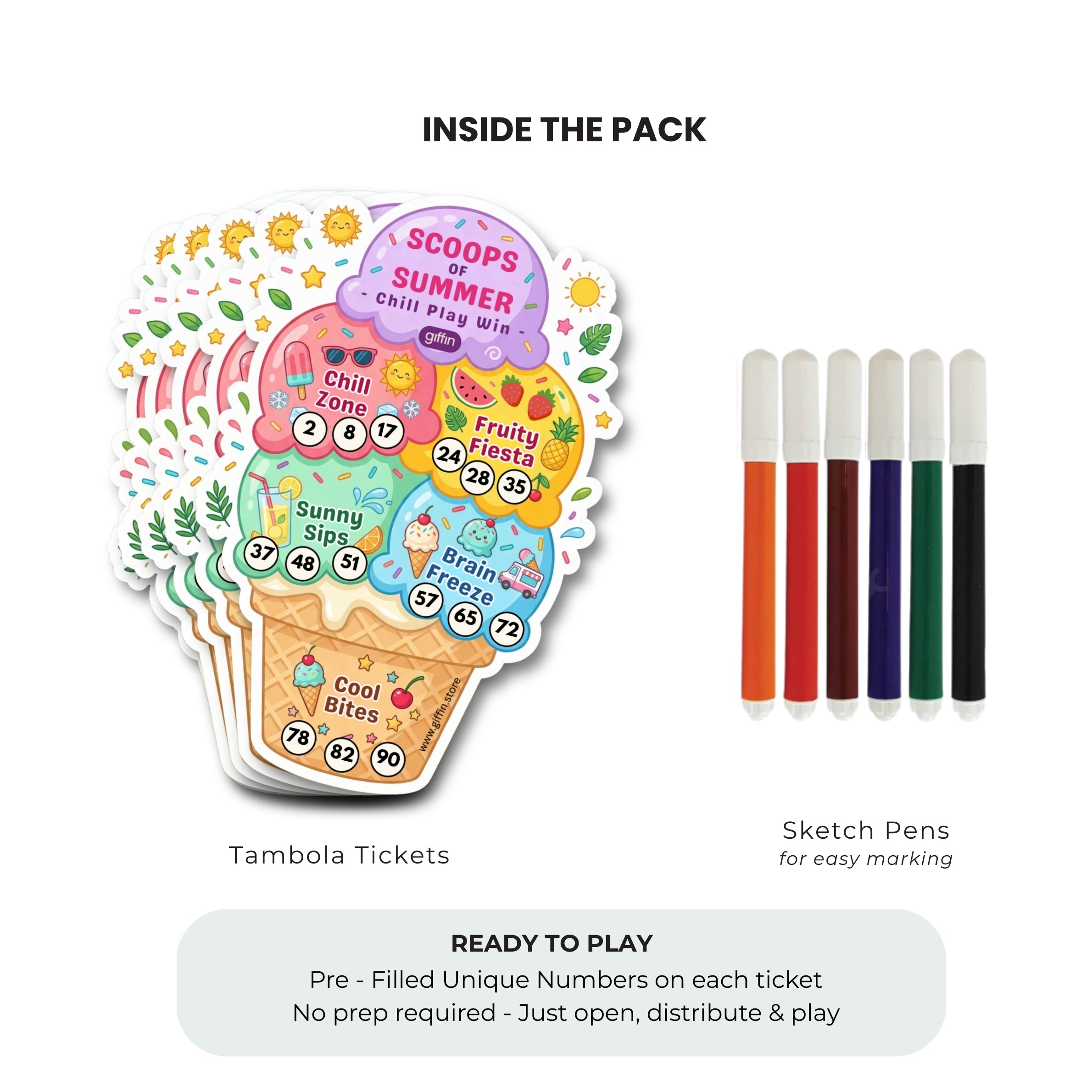 Giffin Scoops of Summer Tambola Tickets | Ice Cream Summer Theme Housie Game for Birthday Party, Kids Party, Kitty Party & Family Game Night