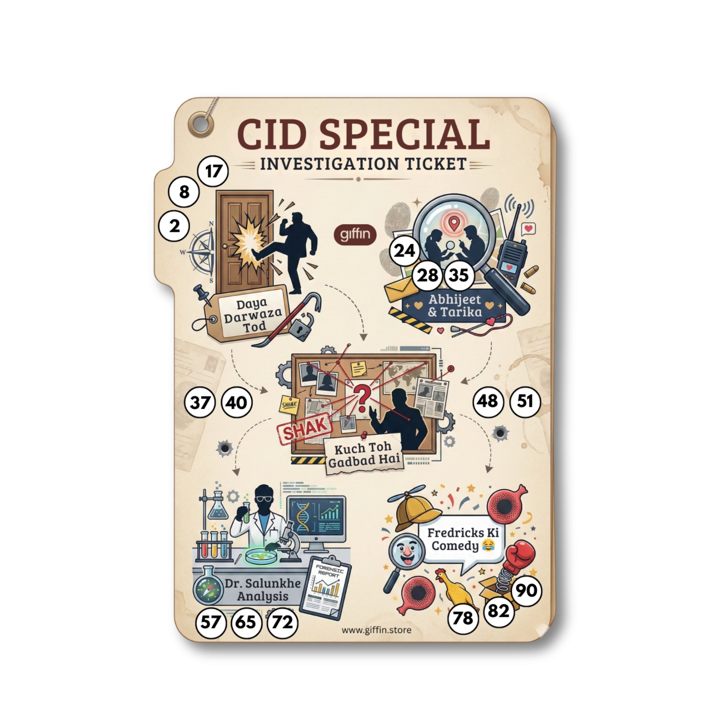 Giffin CID Special Investigation Tambola Tickets | Detective Mystery Theme Housie Game for Kitty Party, Birthday Party & Family Game Night