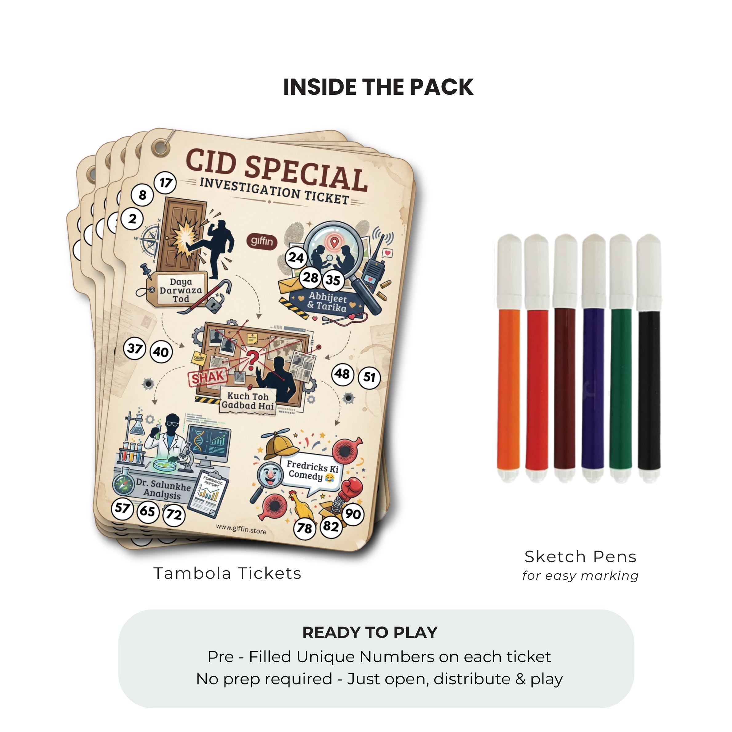 Giffin CID Special Investigation Tambola Tickets | Detective Mystery Theme Housie Game for Kitty Party, Birthday Party & Family Game Night