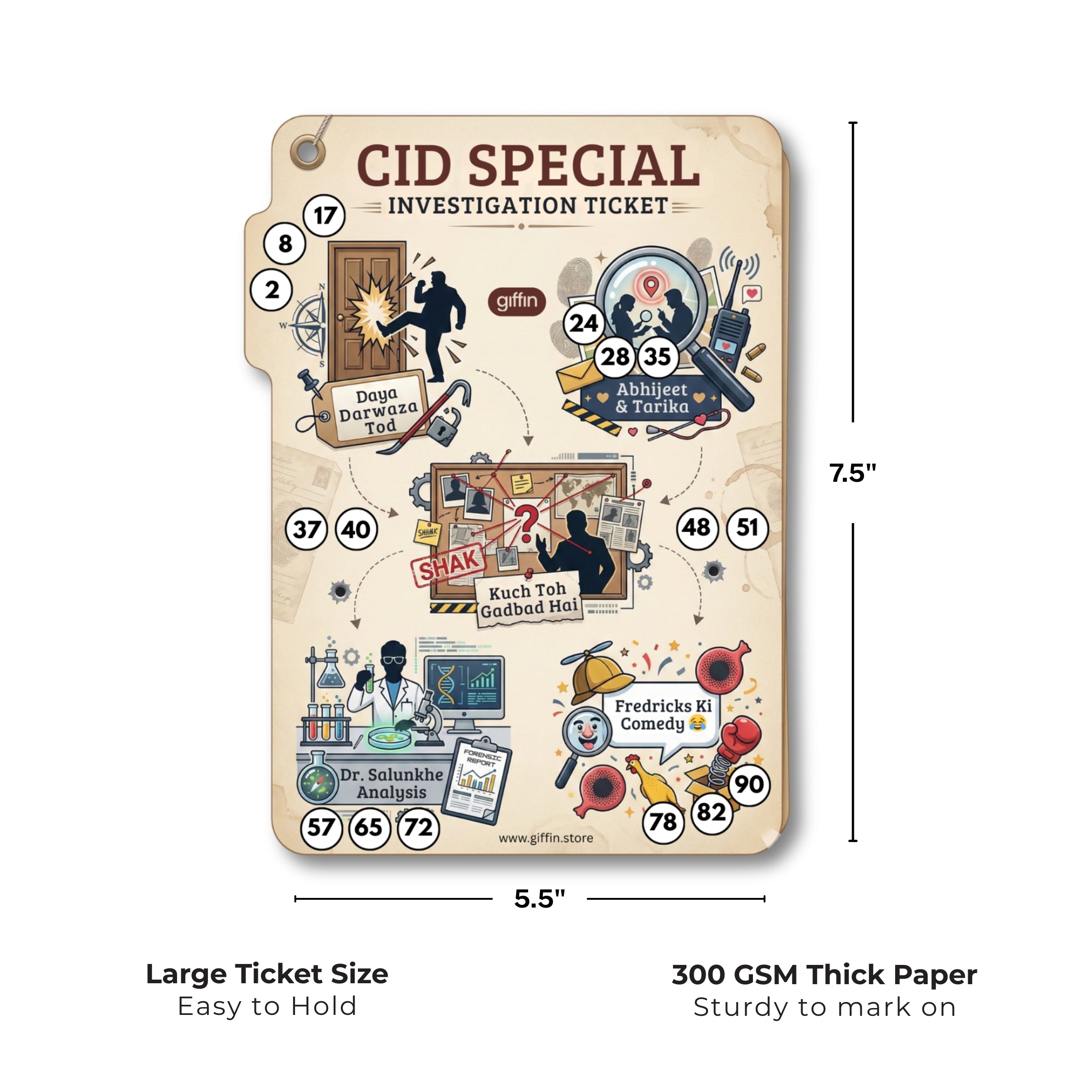 Giffin CID Special Investigation Tambola Tickets | Detective Mystery Theme Housie Game for Kitty Party, Birthday Party & Family Game Night