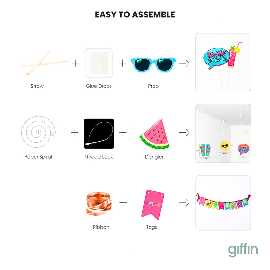 Giffin Summer Party Props Kit – 21 Pcs | Pool Party, Beach, Luau & Tropical Party Decorations | Photo Booth Props, Hanging Swirls & Banner