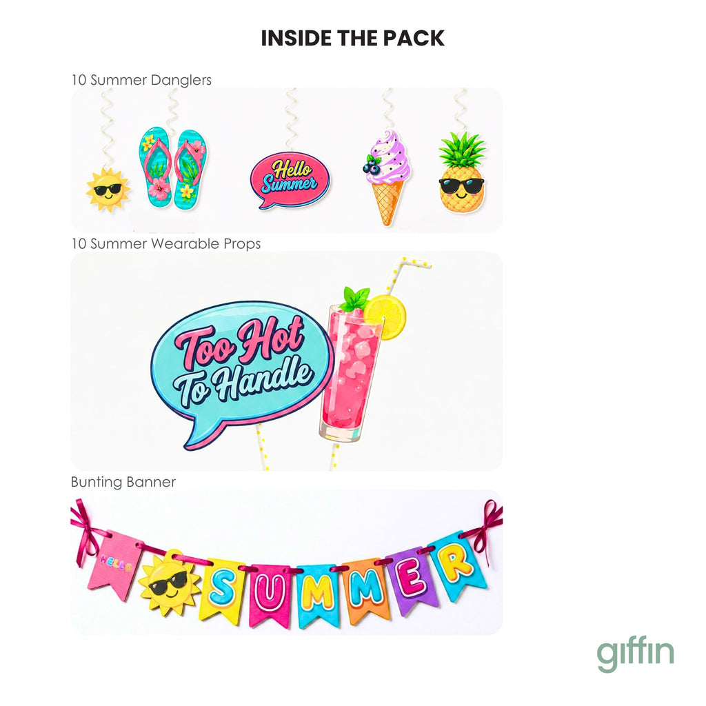 Giffin Summer Party Props Kit – 21 Pcs | Pool Party, Beach, Luau & Tropical Party Decorations | Photo Booth Props, Hanging Swirls & Banner