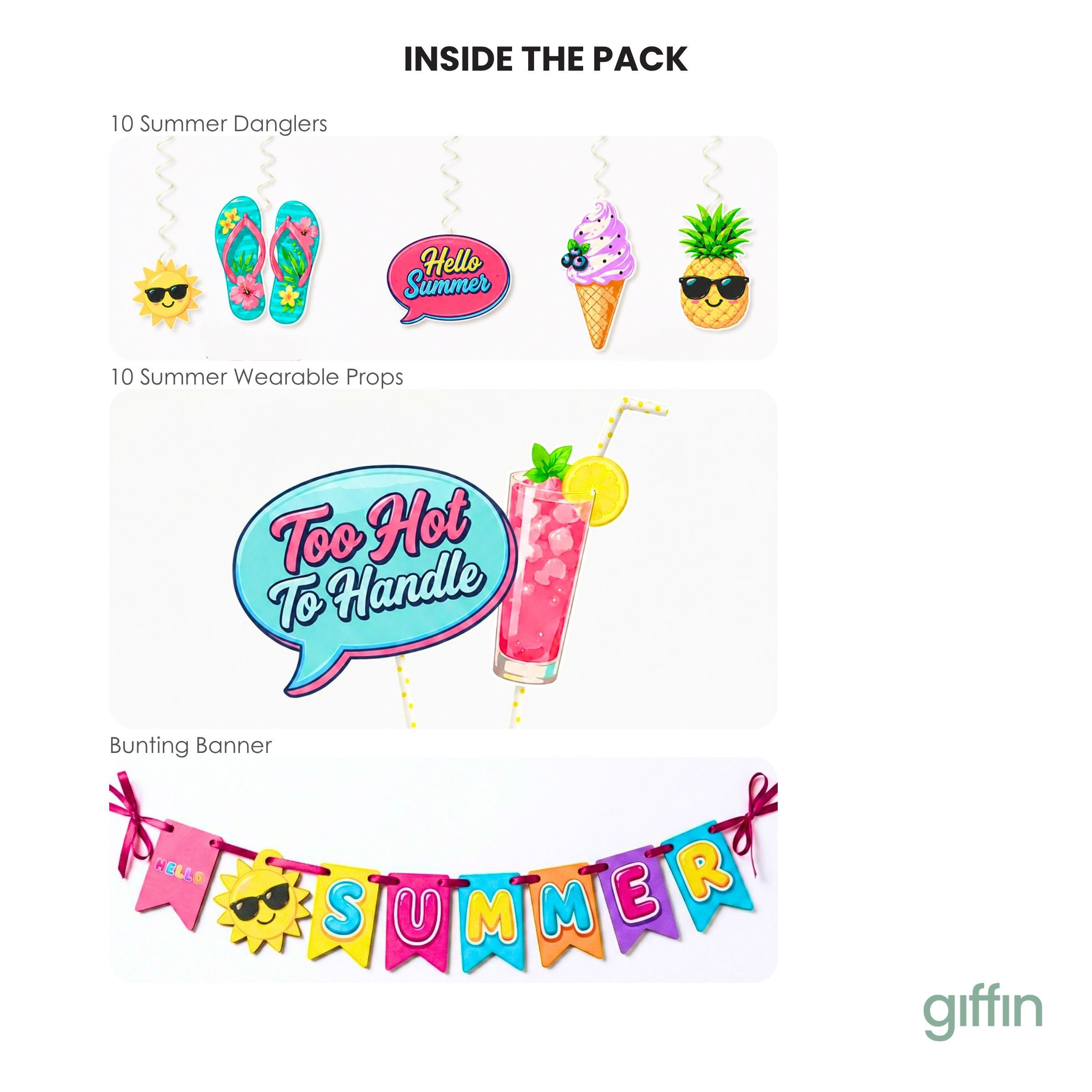 Giffin Summer Party Props Kit – 21 Pcs | Pool Party, Beach, Luau & Tropical Party Decorations | Photo Booth Props, Hanging Swirls & Banner